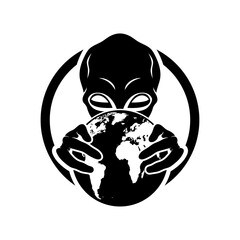 Extraterrestrial alien and planet Earth icon on white background. - 757918721