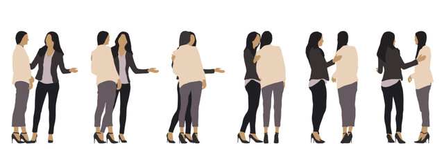 Vector concept conceptual silhouette of two women standing and talking from different  perspectives isolated on white. A metaphor for communication and friendship, collaboration and business
