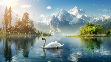 A beautiful landscape with a swan floating on the lake.