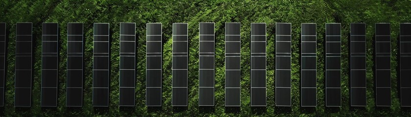 A Rows of black solar panels are installed on the green grass.