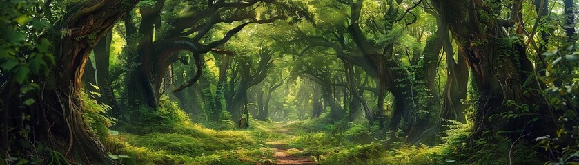 A beautiful fairytale enchanted forest with big trees and great vegetation. - obrazy, fototapety, plakaty