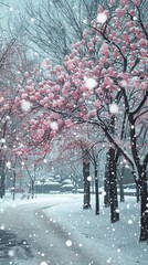 Winter city park at snowfall with wild sakura trees.