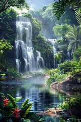 Exotic waterfall and lake landscape with tropical plants.