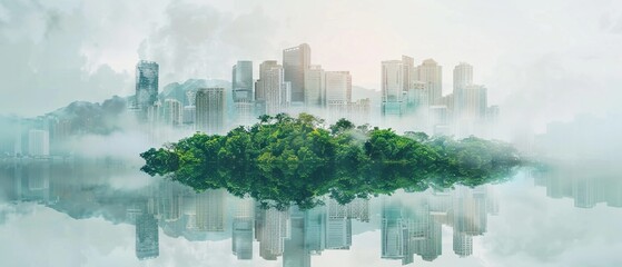 A double exposure of island with green forest lush and modern cityscape
