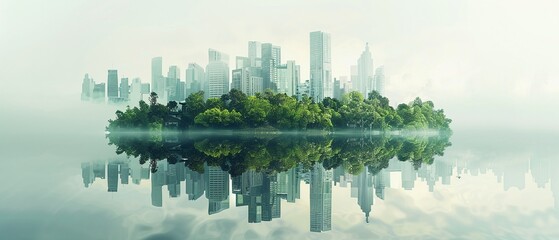 A double exposure of island with green forest lush and modern cityscape