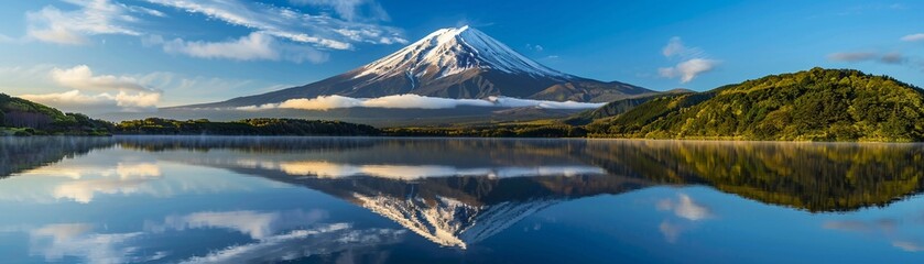 Volcanic mountain in morning light reflected in calm waters of lake. - obrazy, fototapety, plakaty