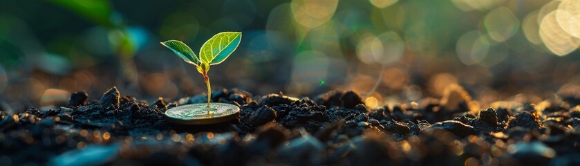 A seedling is growing on a coin lying on the ground. Green investment concept - obrazy, fototapety, plakaty