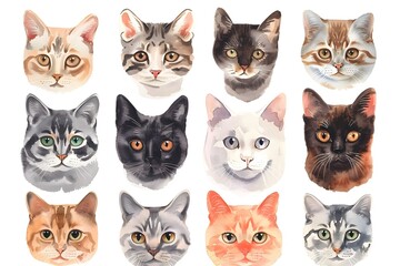 Watercolor Cat Faces Set in a Stylish Realistic Hyper-Detailed Illustration