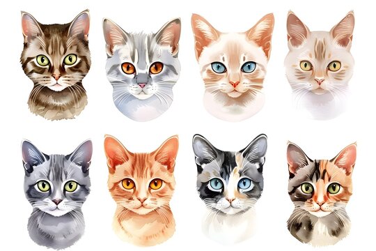 Set of Colorful Kitty Heads in Hyper-Realistic Portraits