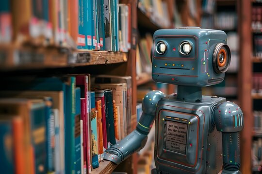 Adult Learning Robot Amongst Books in Vintage Style