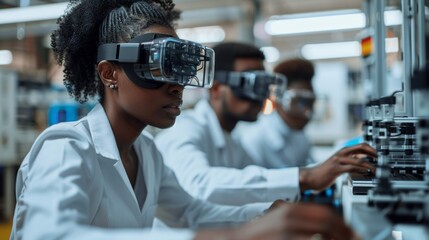 African american scientist using virtual reality headset in laboratory.