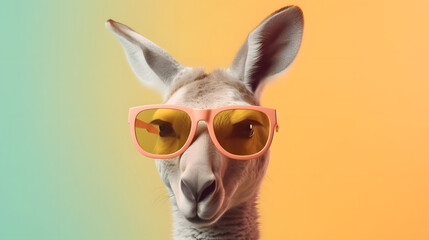 Creative animal concept. kangaroo in sunglass shade glasses isolated on solid pastel background