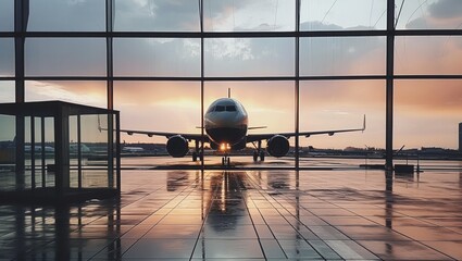 An airplane parked in front of a large window at an airport, with the setting sun in the background