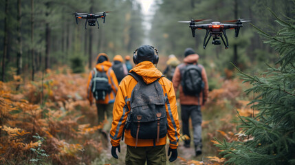 Team of volunteers uses advanced technology of drones to locate missing child in forest - obrazy, fototapety, plakaty
