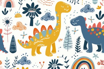 Naklejka premium Colorful cartoon dinosaurs in a whimsical landscape. This vibrant image showcases playful cartoon dinosaurs in a variety of colors, surrounded by whimsical flora and other cute elements