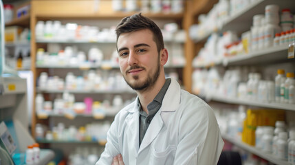 Fototapeta na wymiar Portrait of young pharmacist in pharmacy