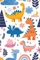 Colorful cartoon dinosaurs in a whimsical landscape. This vibrant image showcases playful cartoon dinosaurs in a variety of colors, surrounded by whimsical flora and other cute elements