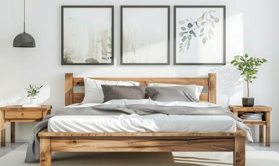 Wooden bed with pillows and bedside coffee table against white wall with poster frame nature view them. 