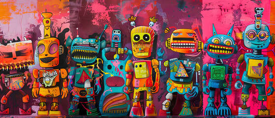 Several colorful robots are posing together graffiti beautiful artwork in vivid colors style.