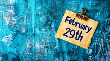 The concept of a leap year. Yellow sticker on a blue wooden background with the inscription "February 29th"