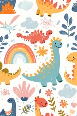 Obraz premium Colorful cartoon dinosaurs in a whimsical landscape. This vibrant image showcases playful cartoon dinosaurs in a variety of colors, surrounded by whimsical flora and other cute elements