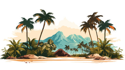 Palm trees panorama of a tropical island flat vector - obrazy, fototapety, plakaty