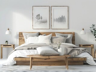 Fototapeta na wymiar Wooden bed with pillows and bedside coffee table against white wall with poster frame nature view them. 