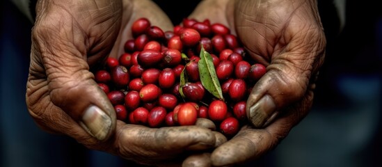 coffee berries in the hands of farmers, concept of farmers harvesting coffee berries - Powered by Adobe