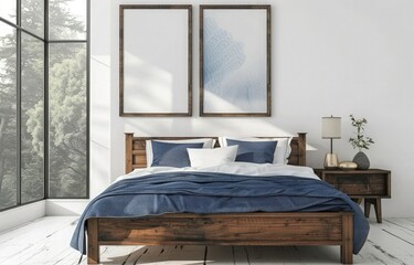Wooden bed with pillows and bedside coffee table against white wall with poster frame nature view them. 