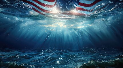14th June, Underwater view of sea with american flag and rays of light - obrazy, fototapety, plakaty