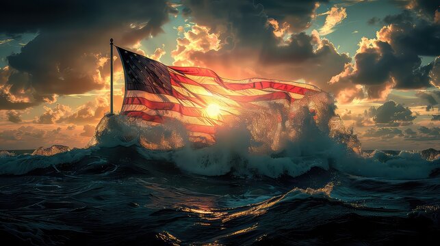 14th June, American flag on the sea waves at sunset.