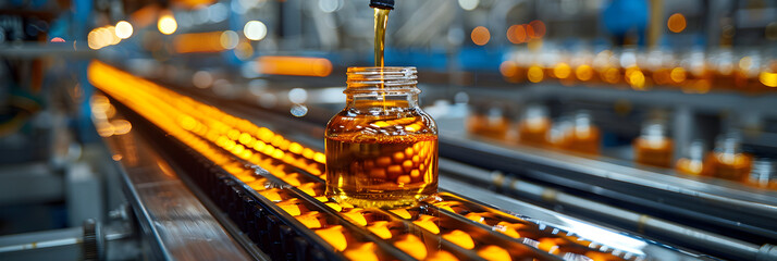 Bottled vegetable oil production in the factory,
Conveyor belt with orange bottles
