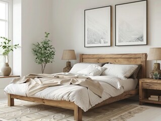 Wooden bed with pillows and bedside coffee table against white wall with poster frame nature view them. 