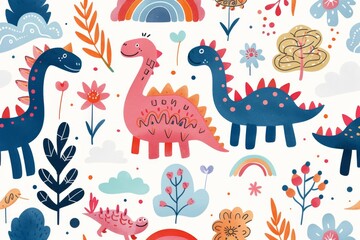 Naklejka premium Colorful cartoon dinosaurs in a whimsical landscape. This vibrant image showcases playful cartoon dinosaurs in a variety of colors, surrounded by whimsical flora and other cute elements