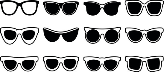 A set of glasses isolated. Vector glasses model icons. Sunglasses, glasses, isolated on white background. Silhouettes.