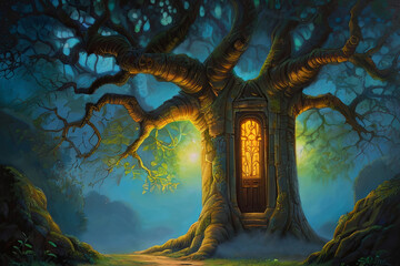Ancient tree painting. Glowing doorway in trunk leads to luminous, enchanted realm. Surreal and mystical artwork - obrazy, fototapety, plakaty