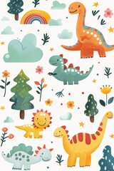 Obraz premium Colorful cartoon dinosaurs in a whimsical landscape. This vibrant image showcases playful cartoon dinosaurs in a variety of colors, surrounded by whimsical flora and other cute elements
