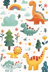 Colorful cartoon dinosaurs in a whimsical landscape. This vibrant image showcases playful cartoon dinosaurs in a variety of colors, surrounded by whimsical flora and other cute elements