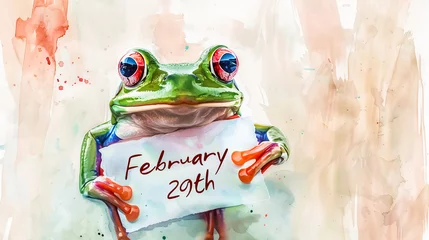 Fotobehang Leap day, one extra day per year. Watercolor illustration, top view of a cute and funny frog with the inscription "Leap Year" on February 29. © evgeniia_1010