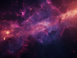 A vibrant cosmic background with star clusters and nebulae in hues of purple and pink.