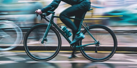 Cyclist in motion blur speeding through an urban environment.
