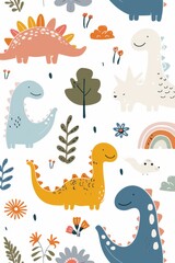 Fototapeta premium Colorful cartoon dinosaurs in a whimsical landscape. This vibrant image showcases playful cartoon dinosaurs in a variety of colors, surrounded by whimsical flora and other cute elements