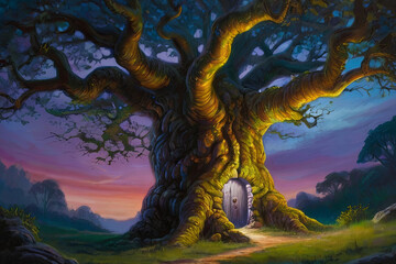 Fototapeta na wymiar Ancient tree painting. Glowing doorway in trunk leads to luminous, enchanted realm. Surreal and mystical artwork