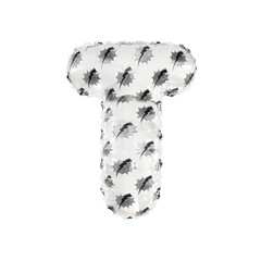 3D inflated balloon letter T with white & black power lightning comic hero pattern glass surface