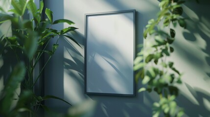 Empty picture frame on a wall with natural plant shadows, depicting a minimalist interior design.