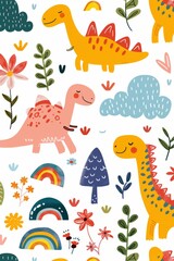 Obraz premium Colorful cartoon dinosaurs in a whimsical landscape. This vibrant image showcases playful cartoon dinosaurs in a variety of colors, surrounded by whimsical flora and other cute elements