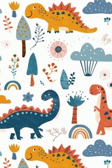 Colorful cartoon dinosaurs in a whimsical landscape. This vibrant image showcases playful cartoon dinosaurs in a variety of colors, surrounded by whimsical flora and other cute elements