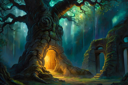 Ancient tree painting. Glowing doorway in trunk leads to luminous, enchanted realm. Surreal and mystical artwork