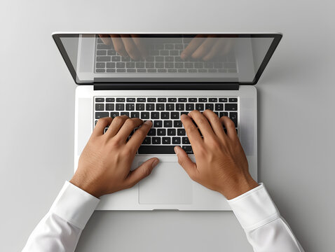 Top view of hands typing on a laptop keyboard with copy space. Modern workplace and technology concept. Design for banner, website header