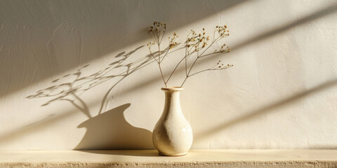 Elegant ceramic vase with delicate dried flowers casting long shadows on a cream-colored wall.